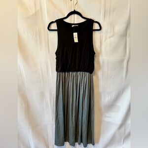 LOFT Black and Blue Mixed Material Midi Dress